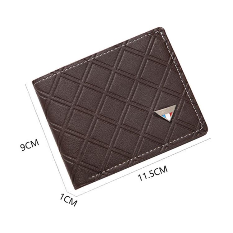 Dark brown geometric PU leather short wallet with stitched border and logo badge