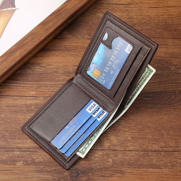 Dark brown PU leather wallet with ID window and multiple card slots