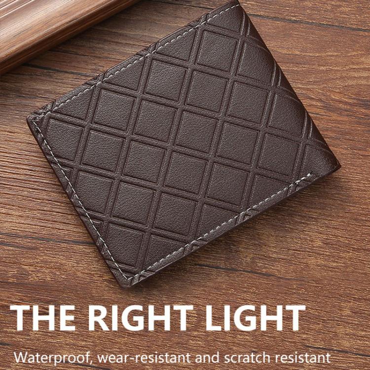 Dark brown geometric PU leather short wallet with diamond grid pattern and stitched border