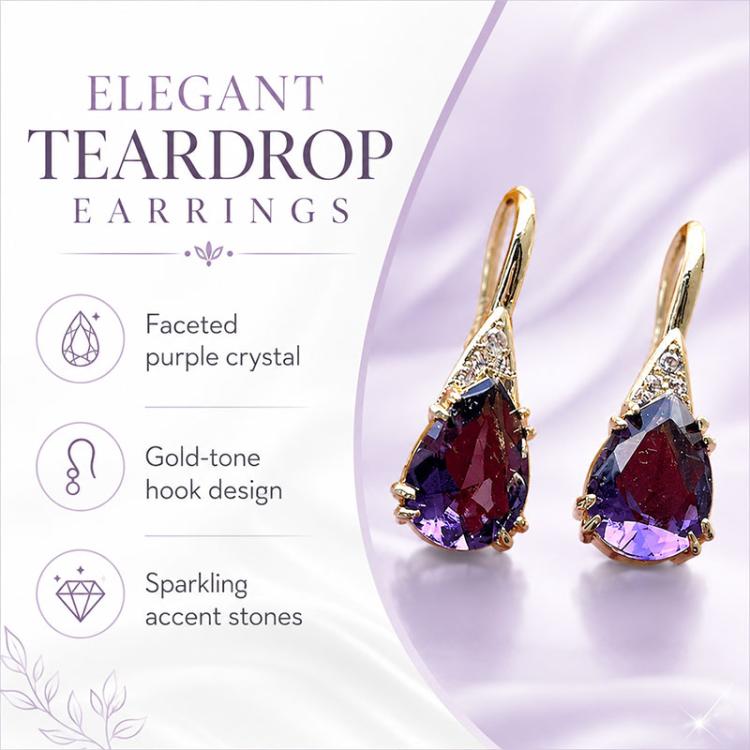 Teardrop dangle earrings featuring purple faceted crystals with gold-tone hook and clear stones.
