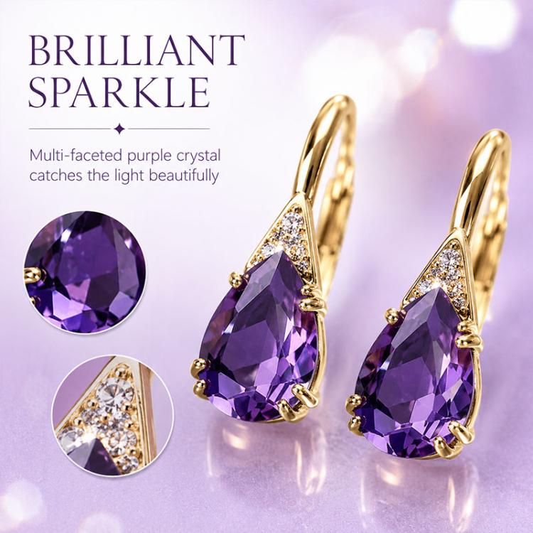 Gold-tone teardrop earrings with multi-faceted purple crystal and small clear accent stones.
