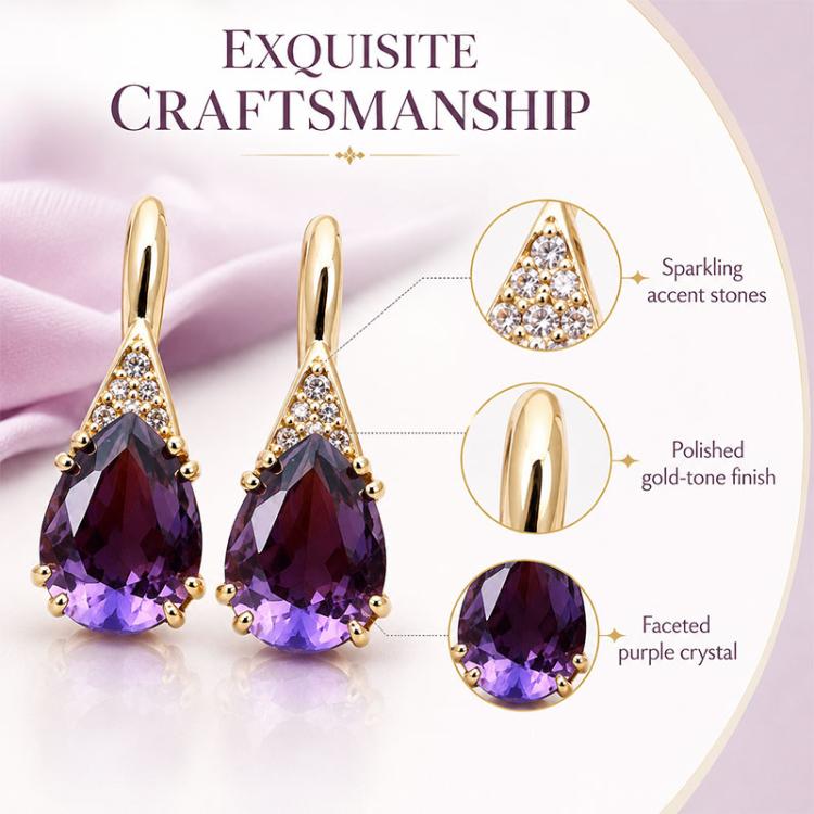 Exquisite gold-tone teardrop earrings with faceted purple crystal drops and clear sparkle stones.