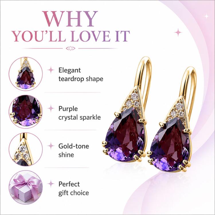 Elegant gold-tone teardrop earrings with deep purple crystal stones and clear sparkle accents.