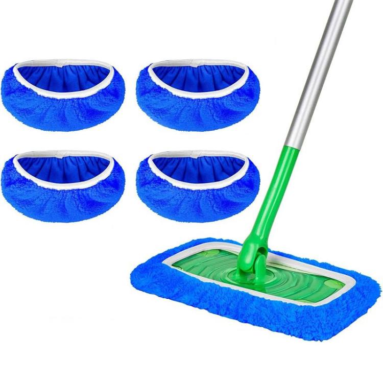 4-pack reusable mop refill pads, blue microfiber covers and green-tipped mop head pad