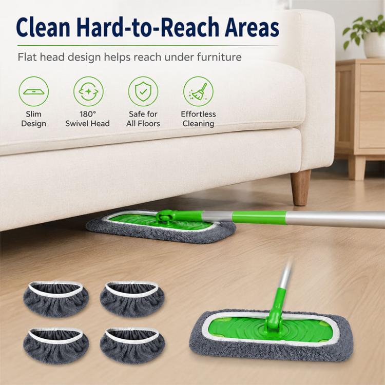 Reusable mop refill pads set: grey microfiber covers with green cleaning insert on flat mop