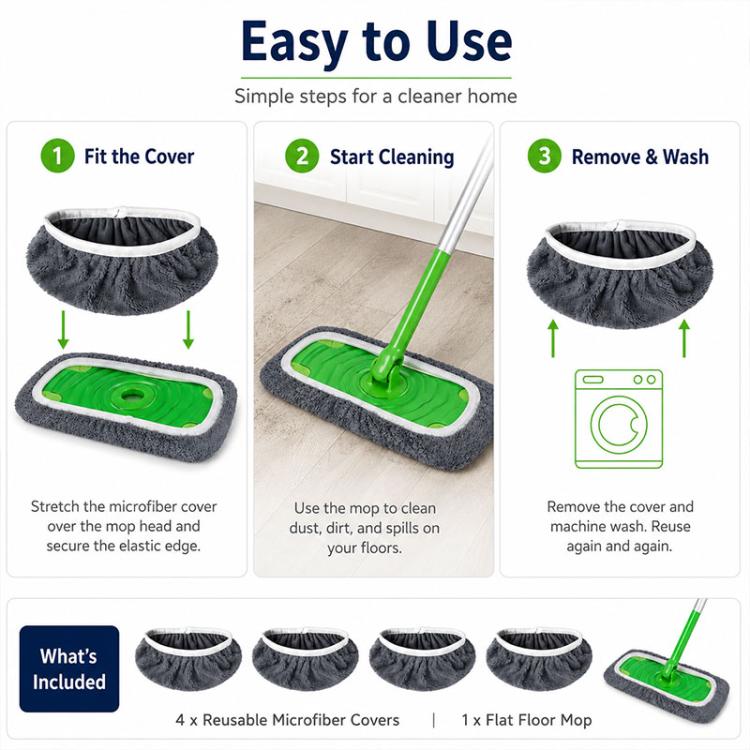 Reusable microfiber mop refill covers in grey, shown on mop head with green insert