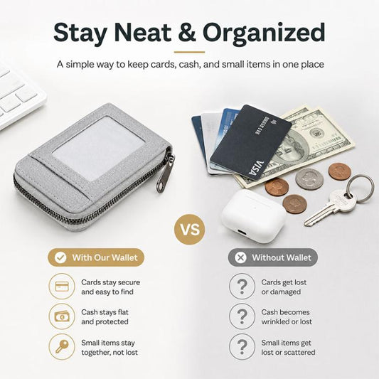 Light gray multi-card zipper wallet with transparent ID window and accordion-style front