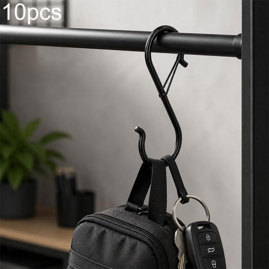 Set of 10 black S-shaped storage hooks with spring gate and safety buckle