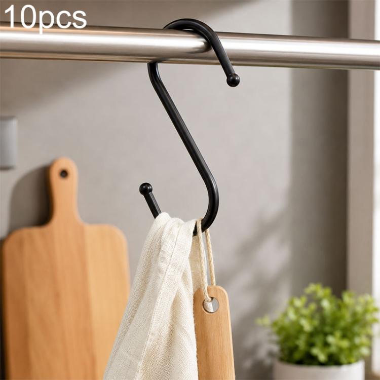 Iron S-shaped storage hook, black metal with rounded ends, used for hanging towels