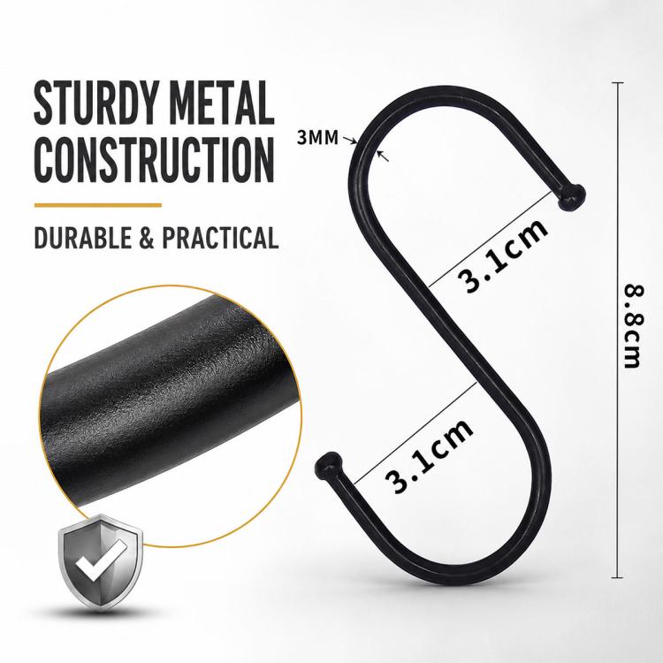 Black iron S-shaped hook, 3.1 cm size, smooth ends, thick metal