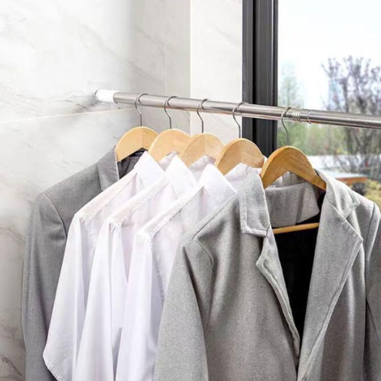 Telescopic metal rod with multiple hanging hooks and wooden clothes hangers