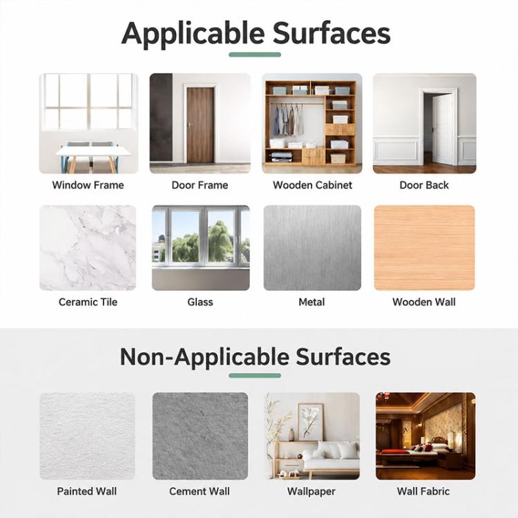 Surface compatibility guide for drill-free telescopic rod adhesive hook holder