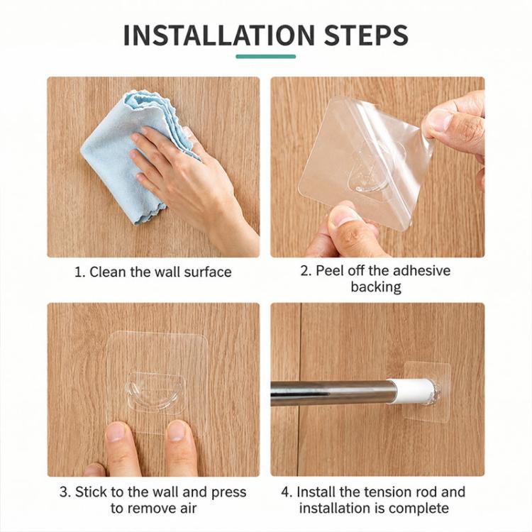 Installation steps diagram for drill-free telescopic rod adhesive hook holder