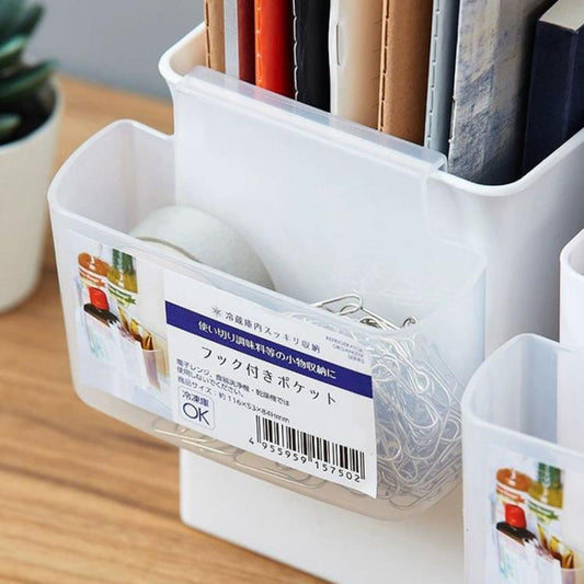 Translucent white fridge side organizer bin with label window and open top storage