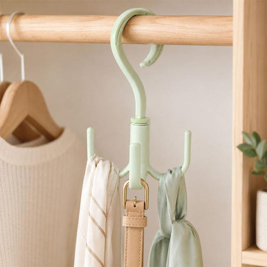 Light mint rotatable wardrobe hook with four curved prongs and central base