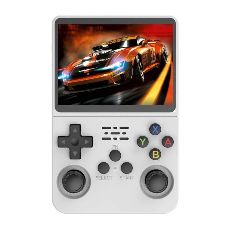 White handheld retro game console with 3.5-inch screen, D-pad, and ABXY face buttons