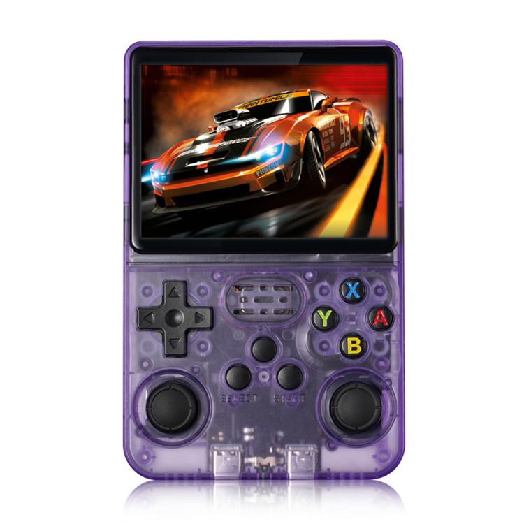 Purple handheld retro game console with 3.5-inch screen and ABXY face buttons