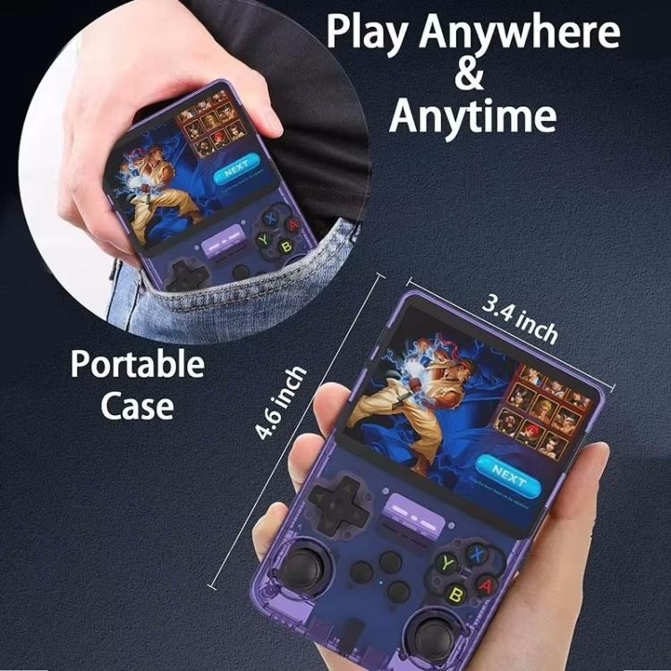 Purple handheld game console in a portable case for on-the-go play