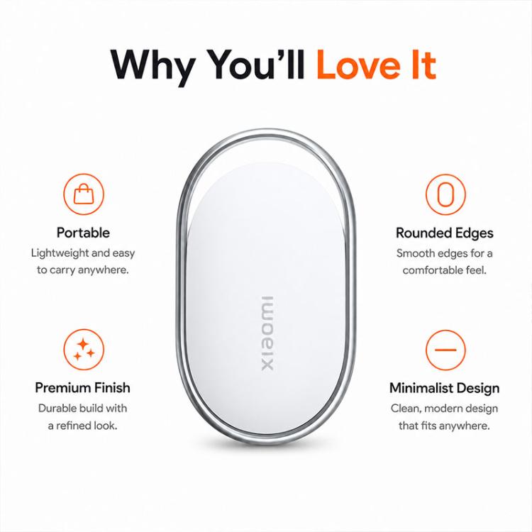 Xiaomi wireless smart tracker tag, oval metallic case with smooth rounded edges