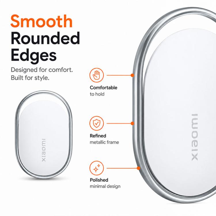 Xiaomi wireless smart tracker tag close-up, white face with silver rounded frame