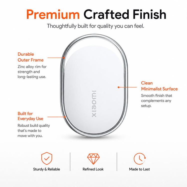 Xiaomi wireless smart tracker tag front view, white oval and silver outer frame