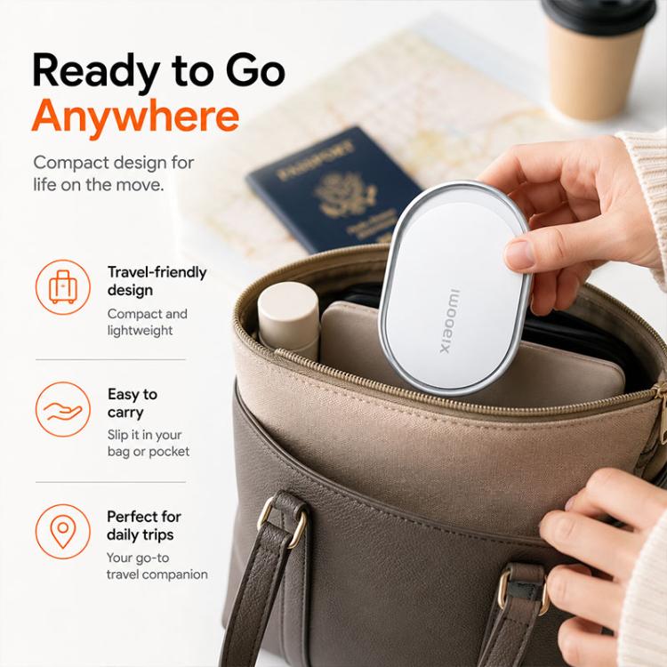 Xiaomi wireless smart tracker tag in hand over small bag, white oval with silver rim