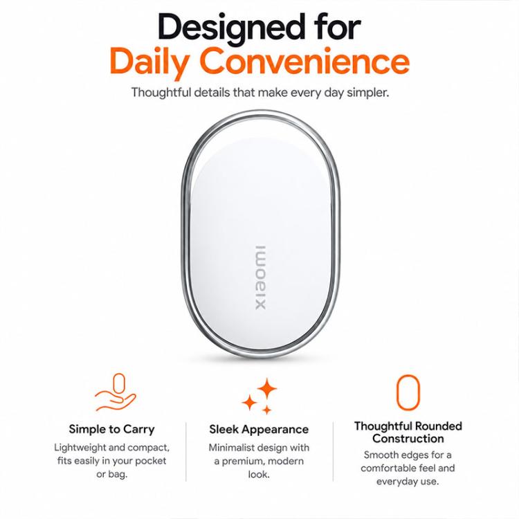 Xiaomi wireless smart tracker tag, centered white oval with silver rounded outline