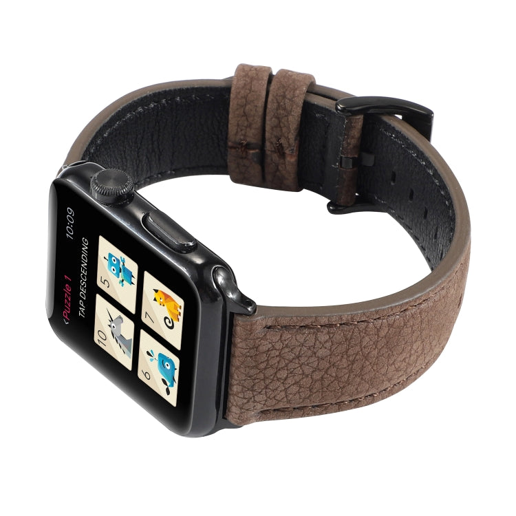 Brown litchi-textured genuine leather watch band with metal buckle and side view