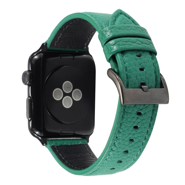 Green litchi-textured genuine leather watch band with metal buckle and punched holes