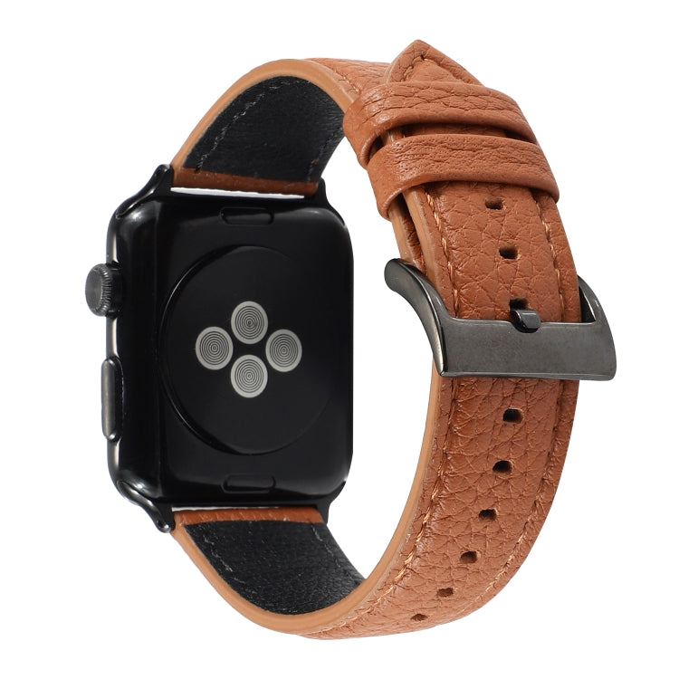 Orange-brown litchi-textured genuine leather watch band with metal buckle and holes