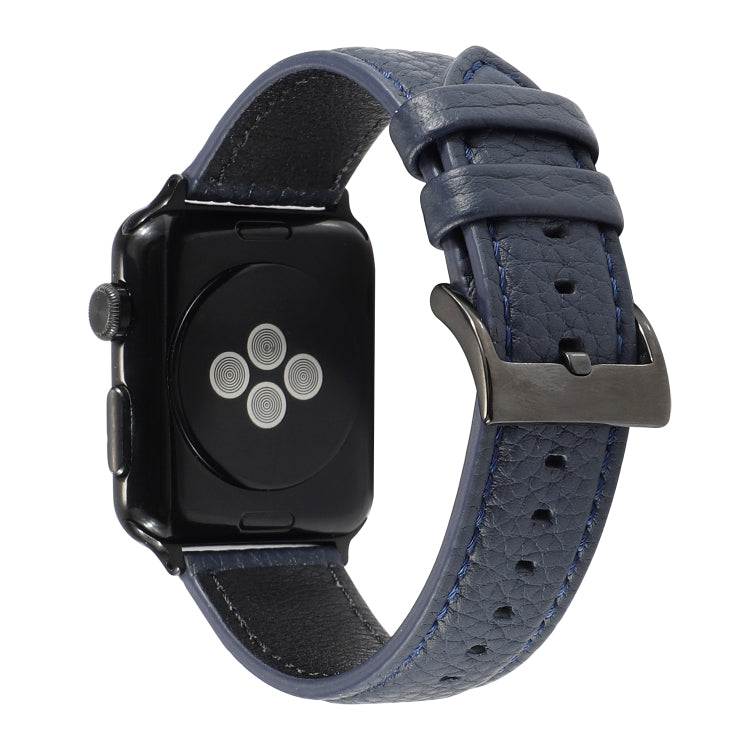 Navy litchi-textured genuine leather watch band with metal buckle and punched holes