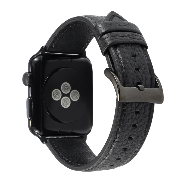 Black litchi-textured genuine leather watch band with metal buckle and punched holes