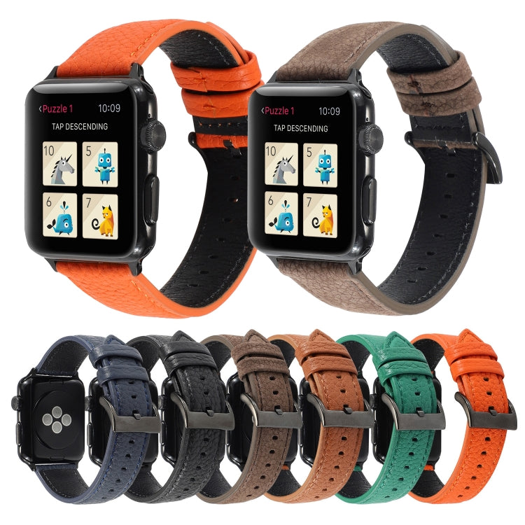 Genuine leather litchi-texture smartwatch watchband set in multiple colors with holes