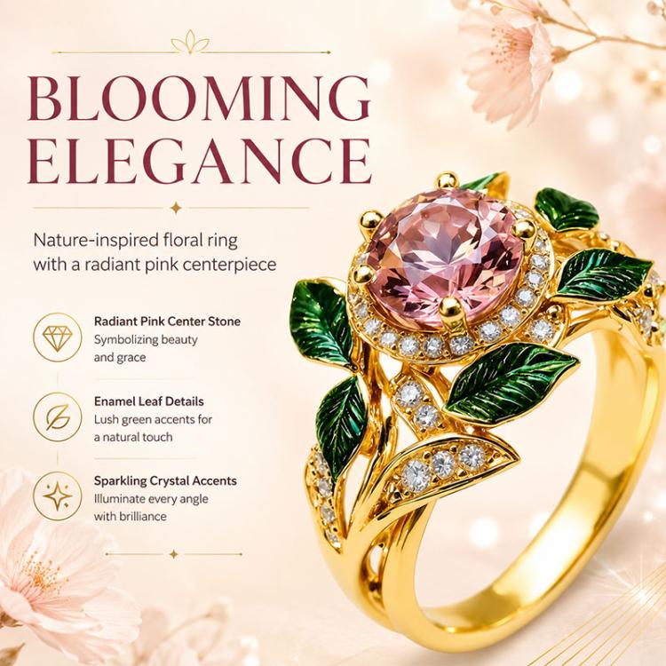 Gold-tone radiant pink center gemstone ring with green leaf enamel and crystals