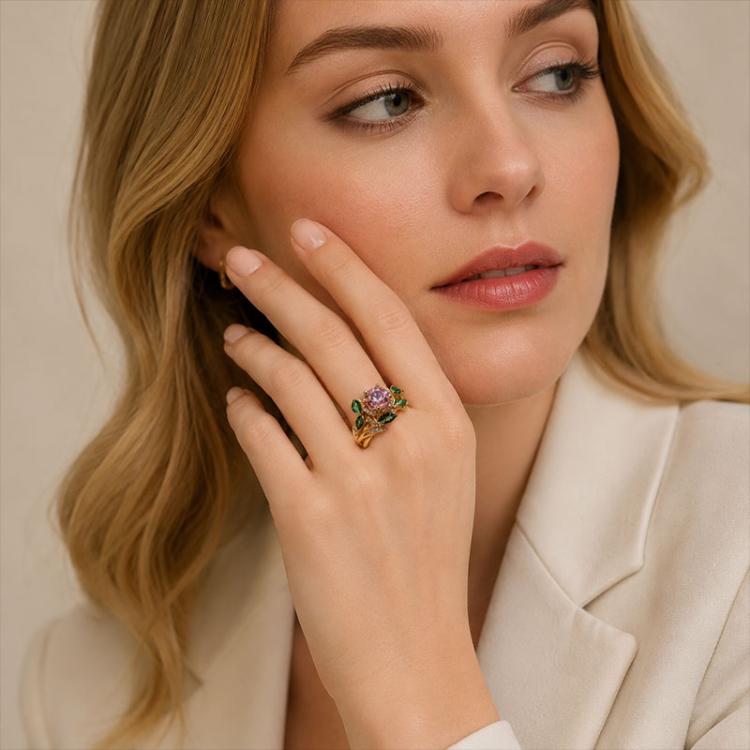 Flower gemstone ring with pink center, gold-tone setting, size 8
