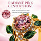 Close-up pink faceted center gemstone ring with gold prongs, crystals, green enamel leaves