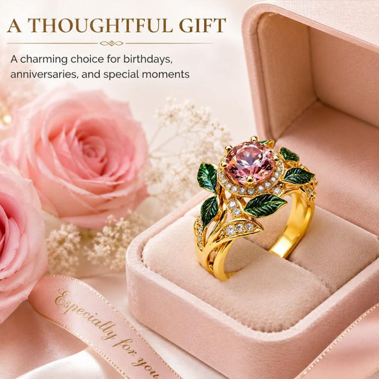 Gold-tone pink gemstone ring with green enamel leaves and crystal accents in gift box