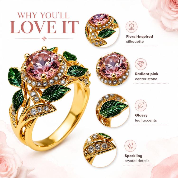 Gold-tone floral openwork ring with radiant pink center gemstone and green enamel leaves