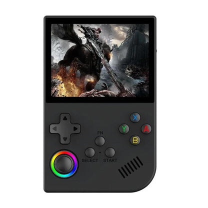 Black handheld retro game console with 3.5-inch screen and colorful button controls