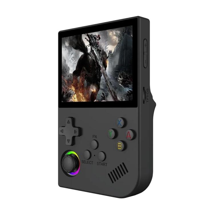 Black handheld retro game console showing side profile, screen, and control buttons