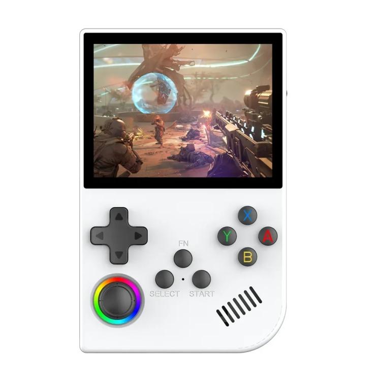 White handheld retro game console with 3.5-inch screen and D-pad plus action buttons