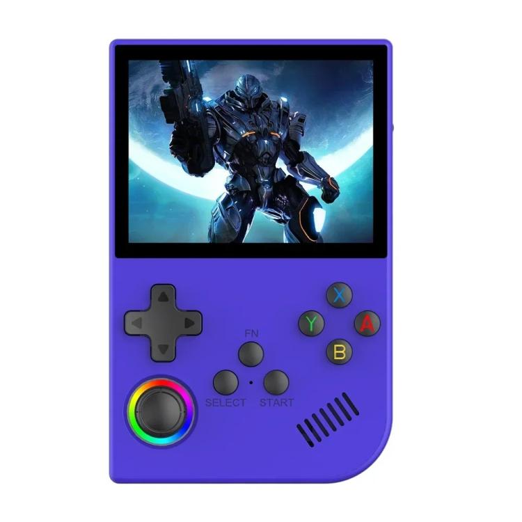 Purple handheld retro game console with 3.5-inch screen and multicolor action buttons