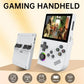 White handheld retro game console with kickstand base, screen, and console controls