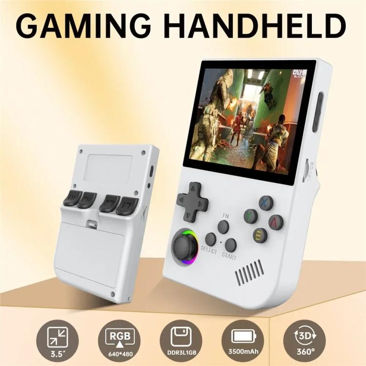 White handheld retro game console with kickstand base, screen, and console controls