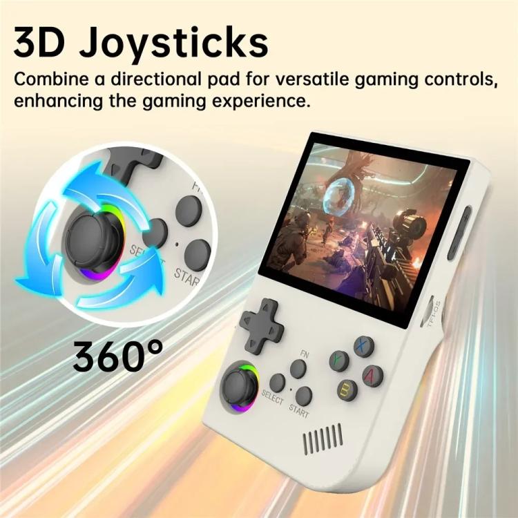 White handheld retro game console with dual sticks, D-pad, and glowing ring accents