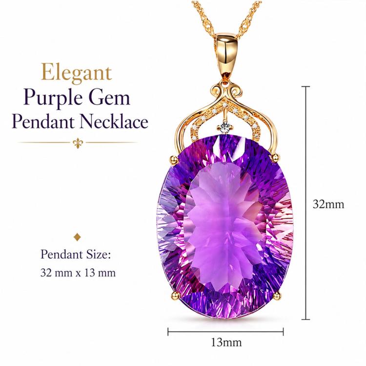 Amethyst oval pendant necklace with faceted purple gemstone and gold-tone setting