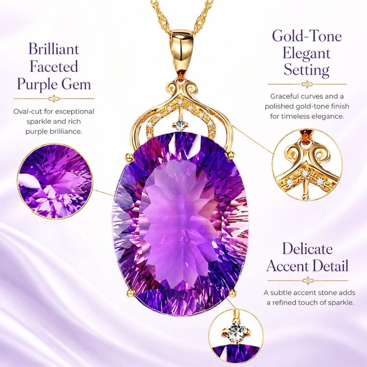 Gold-tone amethyst pendant necklace with oval purple gem and small clear stone accents