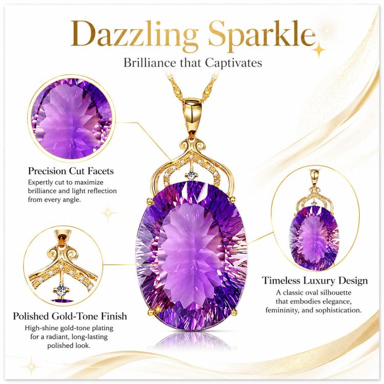 Amethyst oval pendant necklace featuring a faceted purple gemstone in gold-tone finish