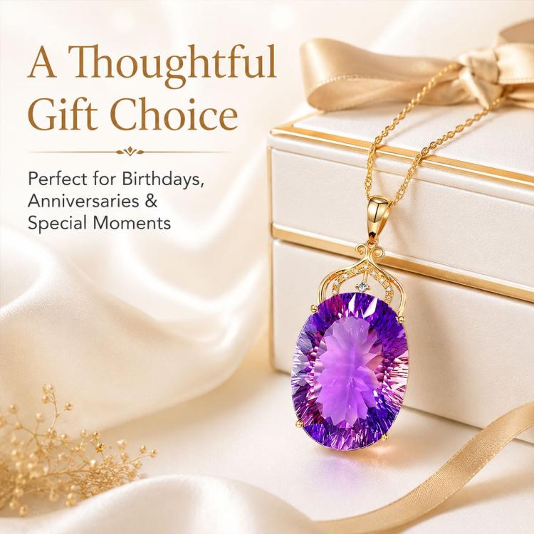 Amethyst gemstone pendant necklace with oval purple pendant on a gold-tone chain