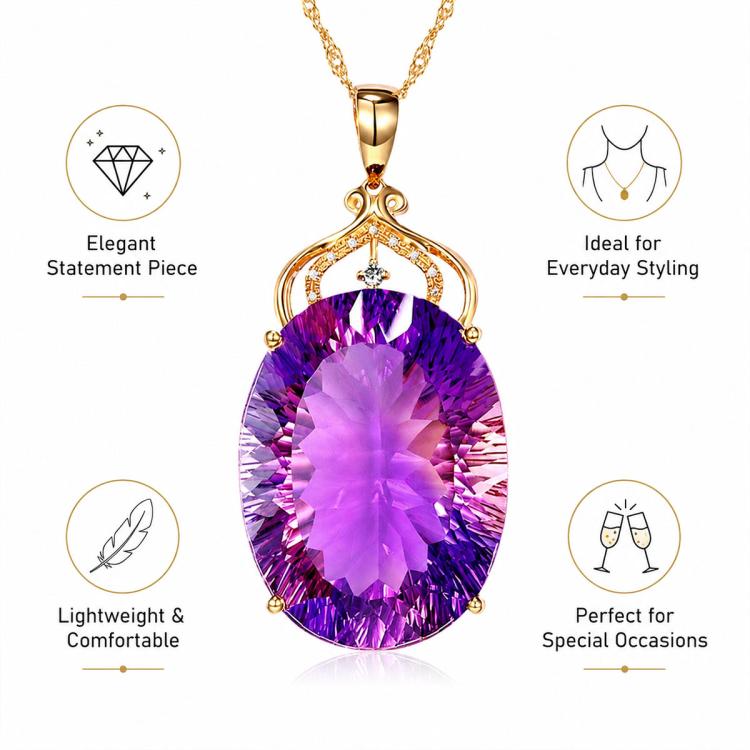 Gold-tone amethyst pendant necklace with oval purple faceted gemstone and bail detail